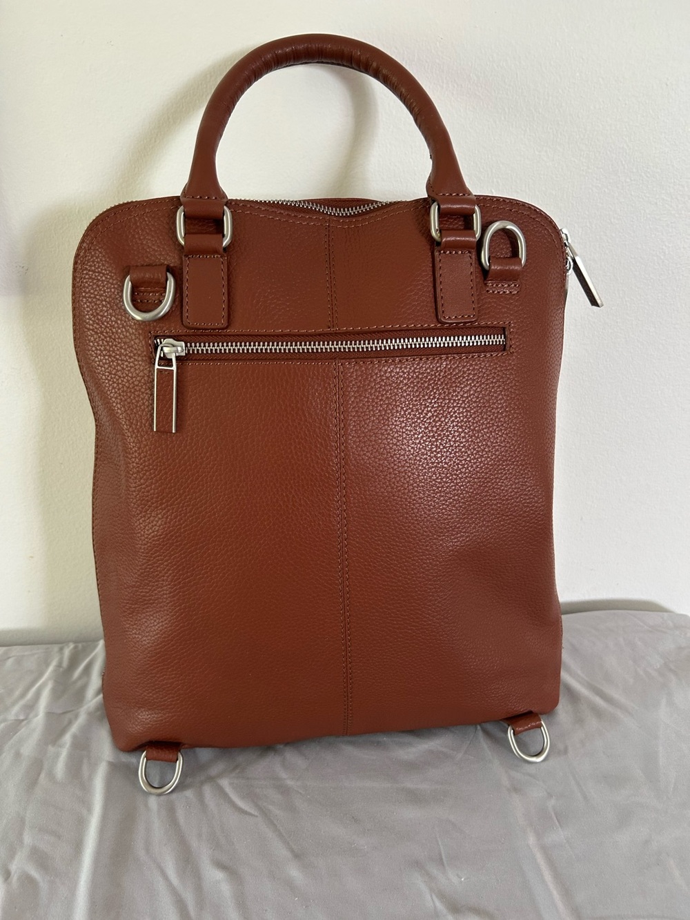 Bugatti Chestnut Pebbled Leather Convertible Backpack Tote